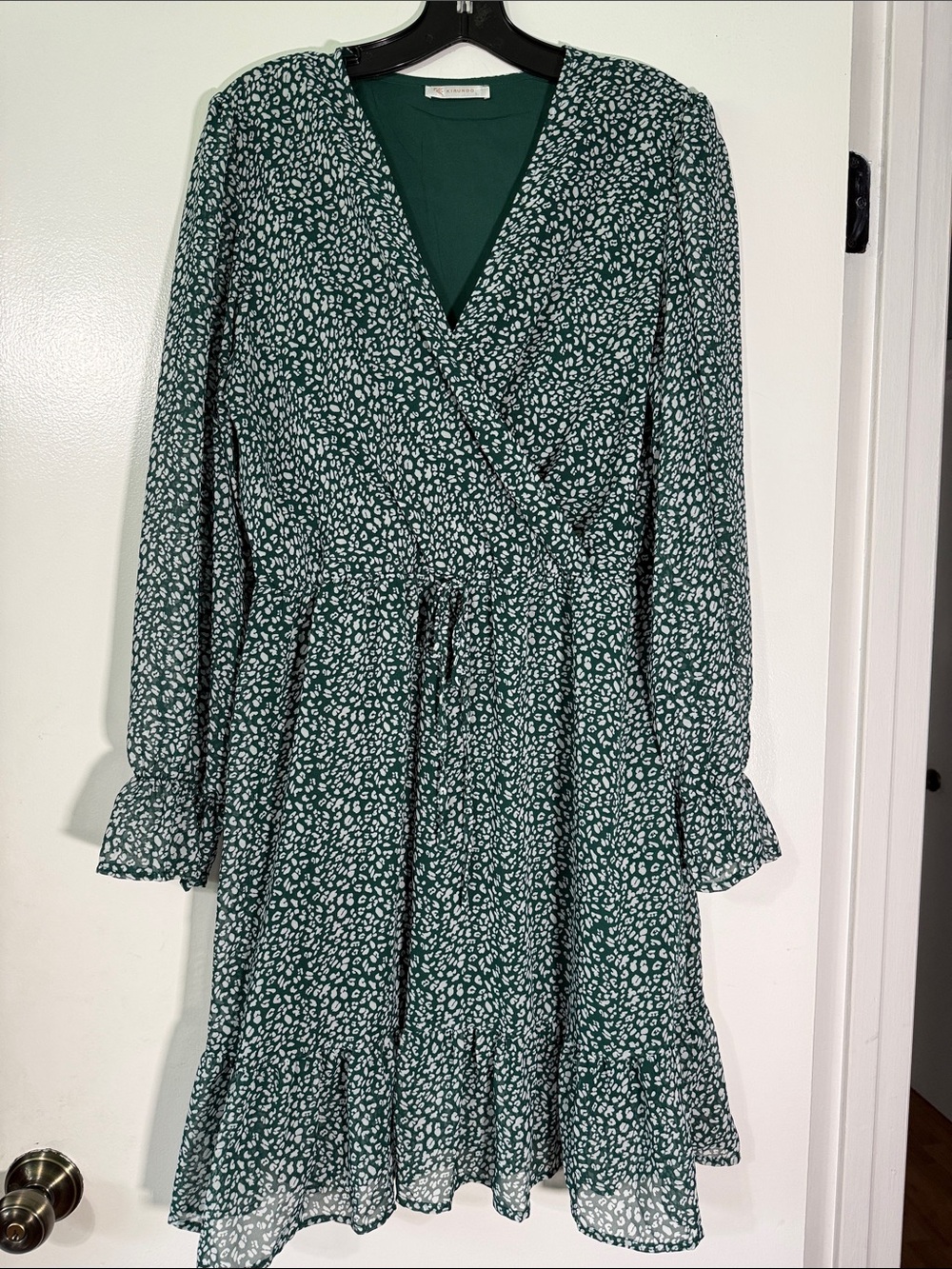 Kirundo size L Emerald Green and White Printed Wrap Midi Dress with Tie Waist